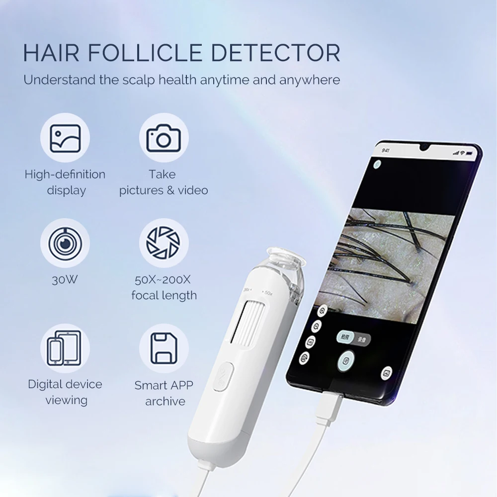 Visual Dermatoscope Scalp Detector 50X/200X Magnifying Scalp Facial Skin Analyzer Machine Mini Hair Follicle Pore Skin Tester