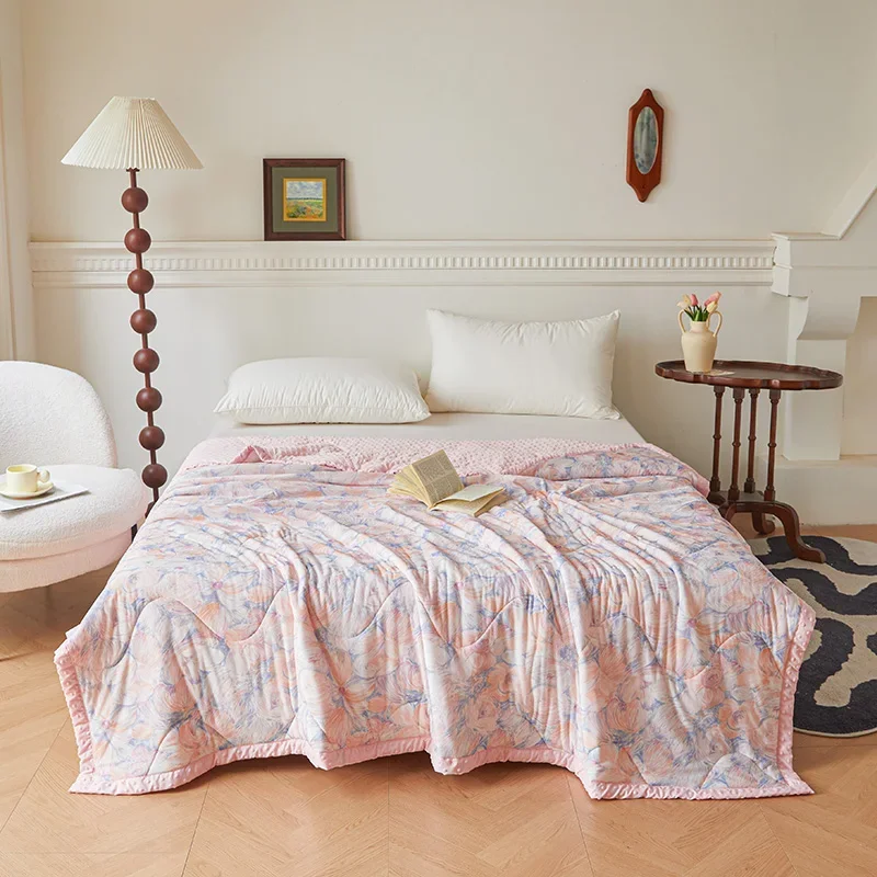 

Abstract Pink Flowers Summer Quilt Air Conditioning Ice Silk Thin Comforter Oil Painting Style Thin Blanket Soft Skin Friendly