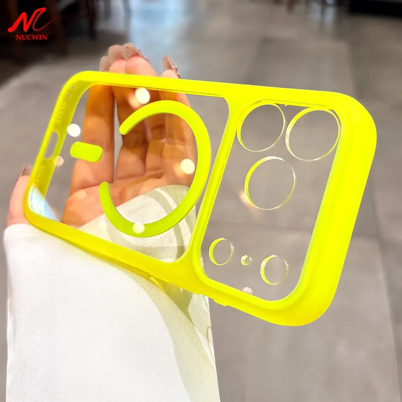 Neue fluoreszierende transparente Hülle für MagSafe – für iPhone 17, 16, 15, 14 Pro Max – mit Touch-Kamera-Taste, PC-TPU-Panzerung, 17Pro Cover