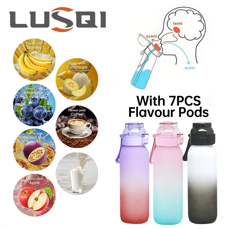 LUSQI 1PC 1000ML Flavor Water Bottle With Straw With 7PCS Flavor Pods Fashion Fitness Water Bottle For Outdoor Activities Sports