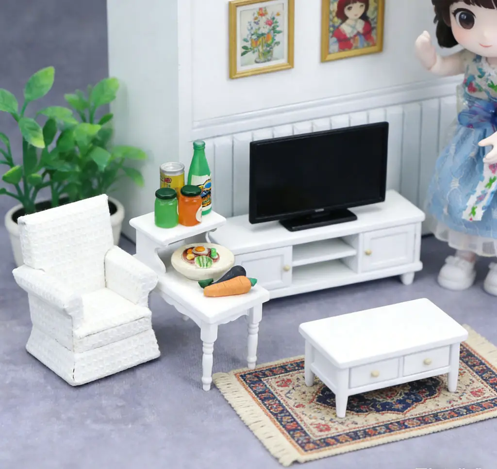 

1:12 Scale Dollhouse Retro Living Room Miniature Furniture - White Double-Layer Coffee Table & Sofa, DIY Micro Scene Decor Kit