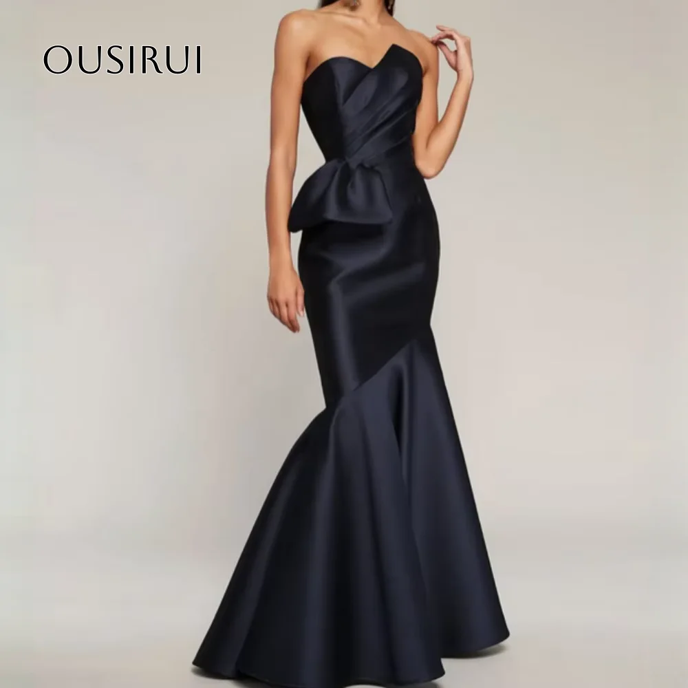 

OUSIRUI Back Pleated Watteau Train Evening Dress for Women Elegant Long Black Sweetheart Prom Dresses Mermaid Satin Zipper
