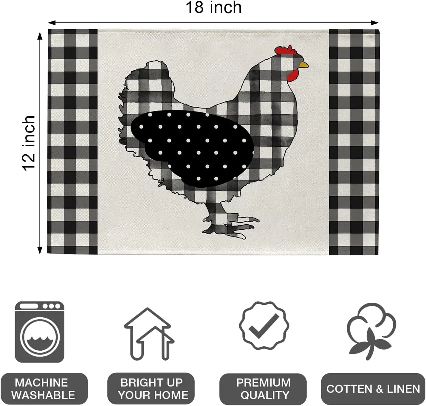 Farm Chicken Hen Animal Placemats Set of 4 Black White Buffalo Check Plaid Farmhouse Chick Dining Table 12 x 18 Inch