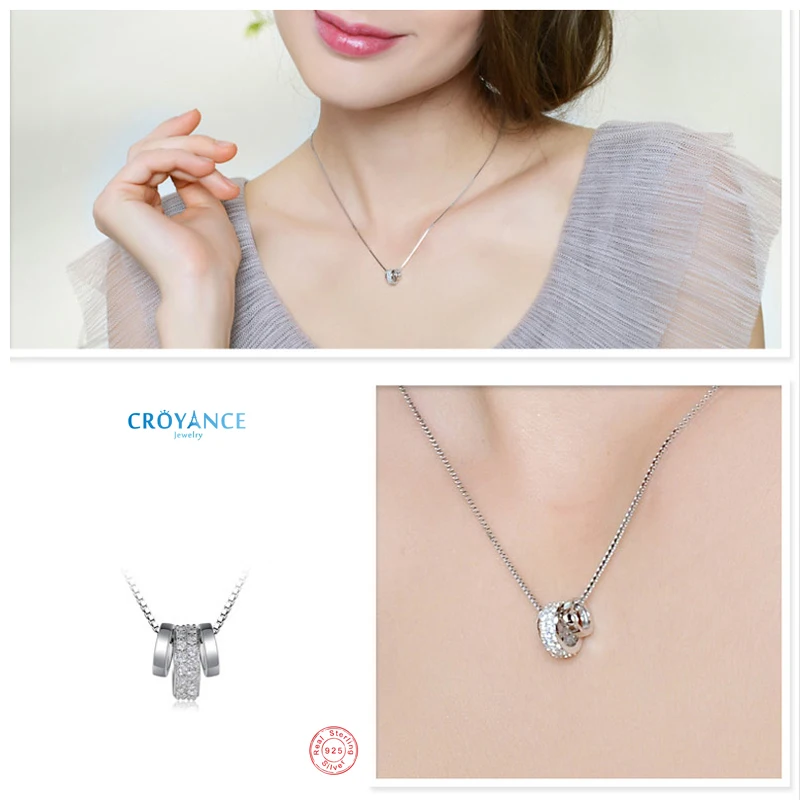 925 Sterling Silver Three Circle Zircon Pendant Necklace Rotatable round Rhinestone Choker Elegant Fashion Women's Jewelry Gift