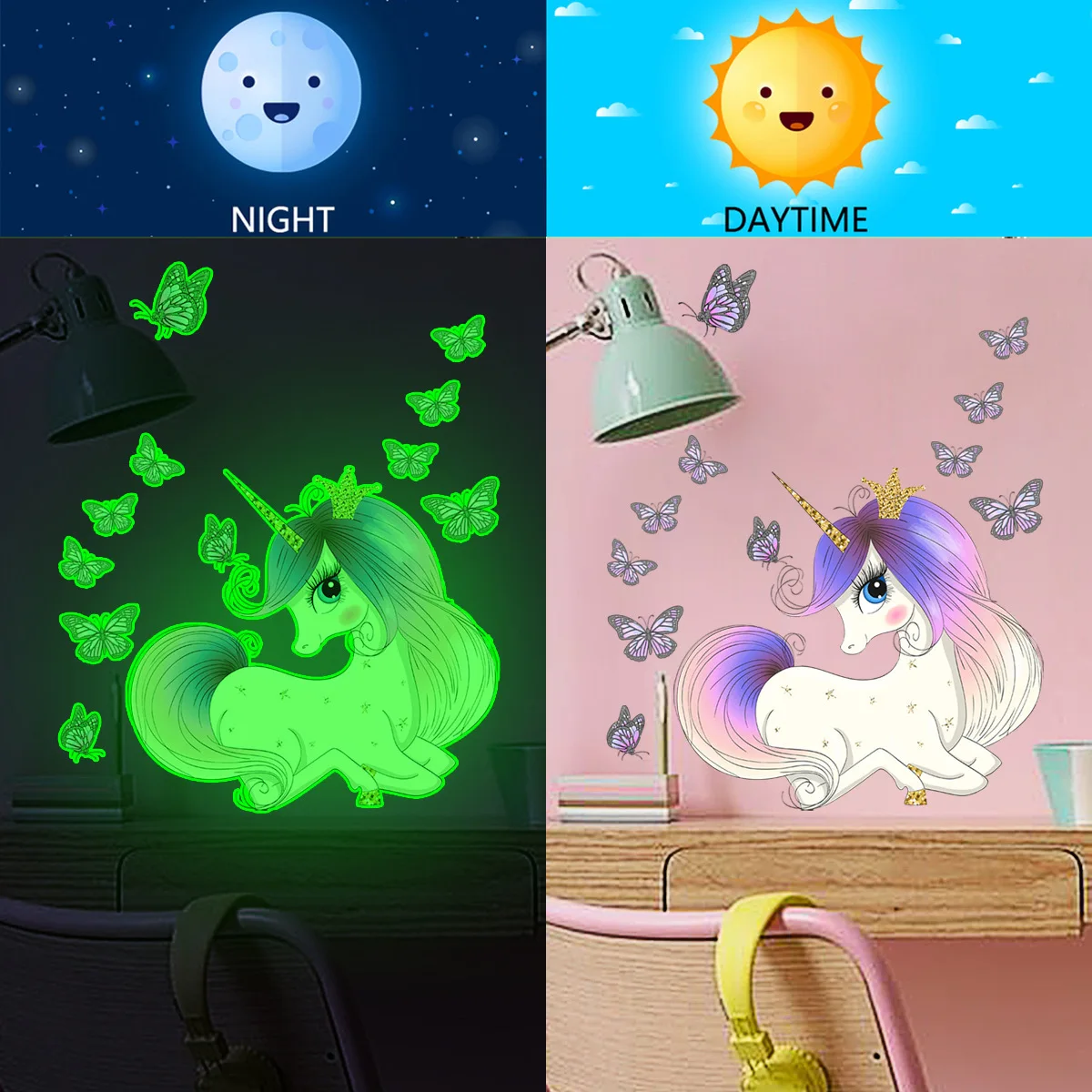 28*28cm Cartoon Unicorn Butterfly Wall Stickers Luminous Children's Room Living Room Bedroom Decoration  Pvc Mural  Wall Sticker