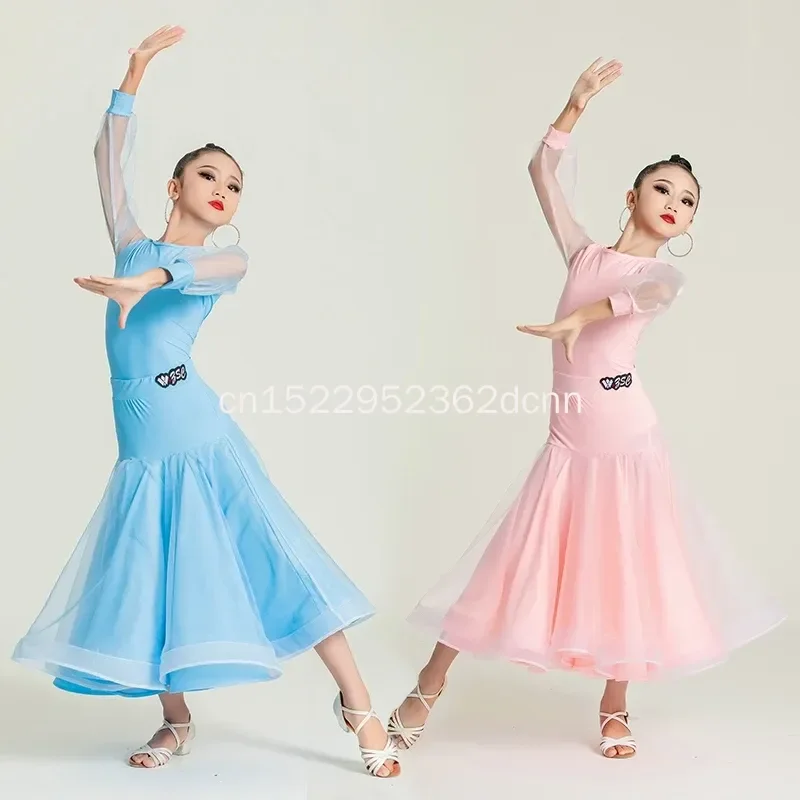 여아용 왈츠 표준 댄스 공연복 투피스 탱고 무대 의상 핑크 블루 볼룸 댄스 드레스