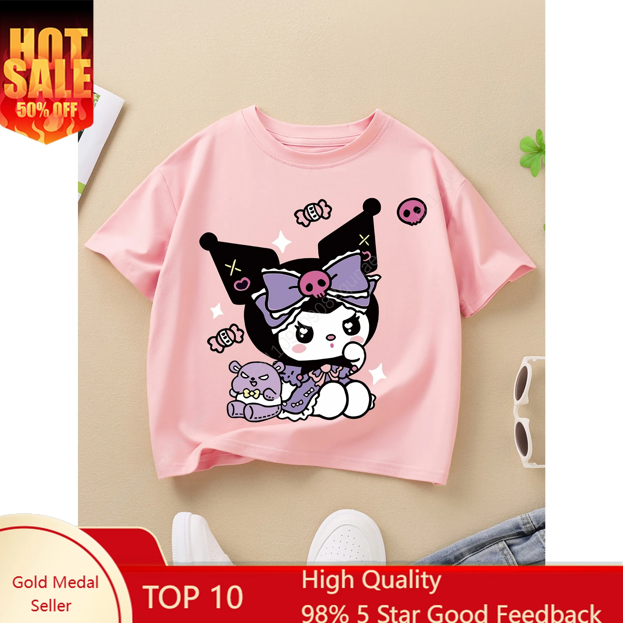 

Kuromi Short Sleeve T-Shirt Cartoon Cute Kuromi Top Lightweight Breathable Girls and Woman Tee Mother-Daughter Matching Outfits