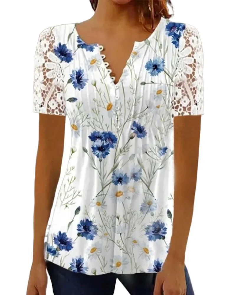 Verão primavera nova feminina solta e confortável casual renda com decote em v blusa impressa floral manga curta elegante moda camisa