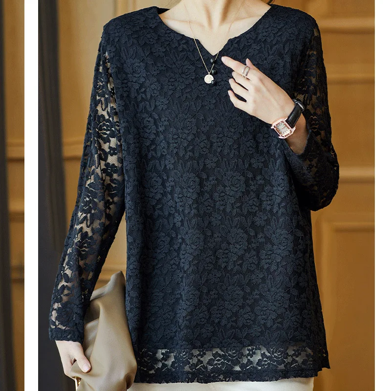 Spring Autumn New Solid Color Fashion Long Sleeve T-Shirts Women High Street V-neck Elegant Lace Patchwork All-match Pullovers