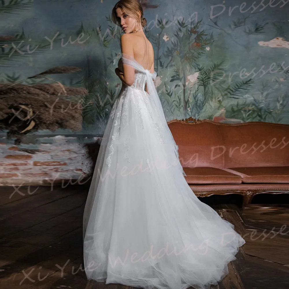 Affascinante una linea abiti da sposa da donna eleganti Appliques di pizzo abiti da sposa Sexy spacco laterale con spalle scoperte Vestido De Noivas