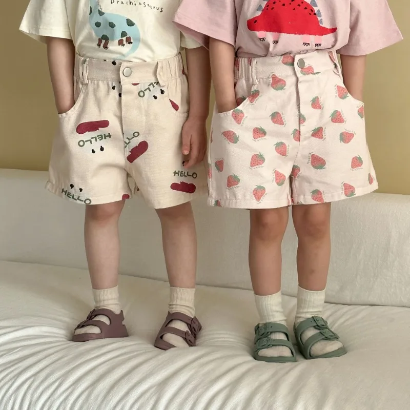

Girls Elastic Waist Baby Knee-length Pants Kids Summer Cotton Shorts Strawberry Cartoon Print Boys Casual Loose Short Pants