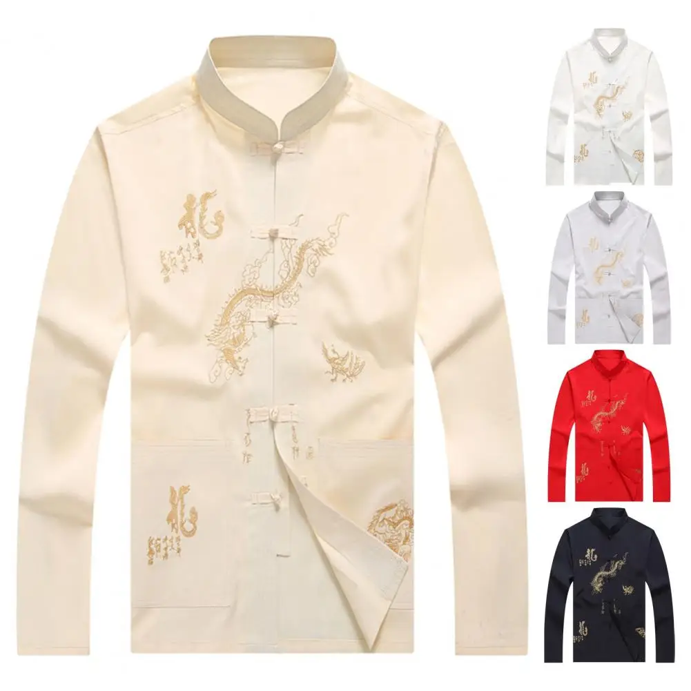 

Chinese Style Mid-aged Men Shirt Dragon Pattern Stand Collar Long Sleeve Male Shirt Casual Pockets Single Breasted Tang Suit Top