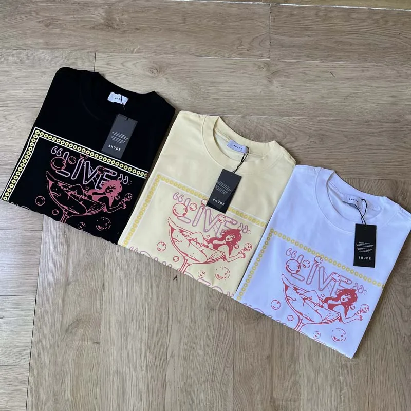 RHUDE Box Cocktail Cup Girl Print T Shirt Summer Men Women High Quality Black White Apricot Loose Short Sleeve T-shirt