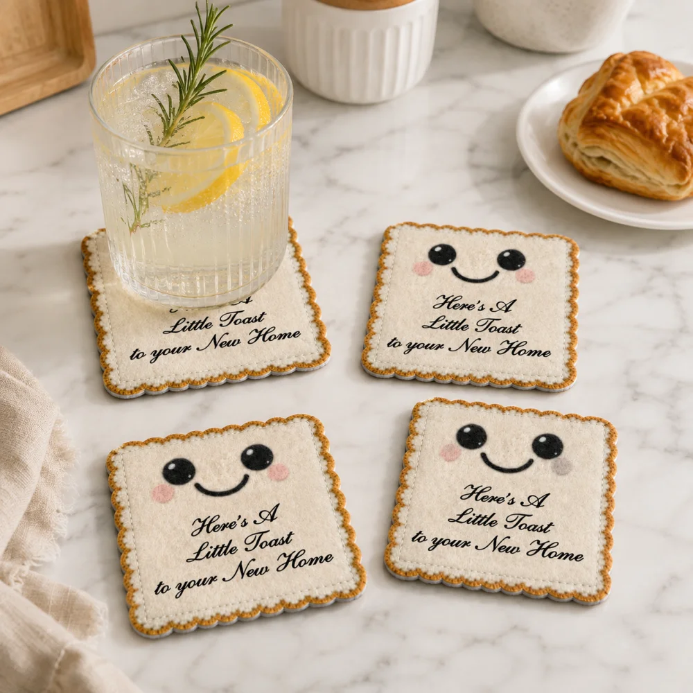Custom Personalized Name Felt Coaster 4Pcs Cute Toast Bread Shape Cup Mat Non‑Slip Drink Coaster 10x10cm Home Table Decor Gift
