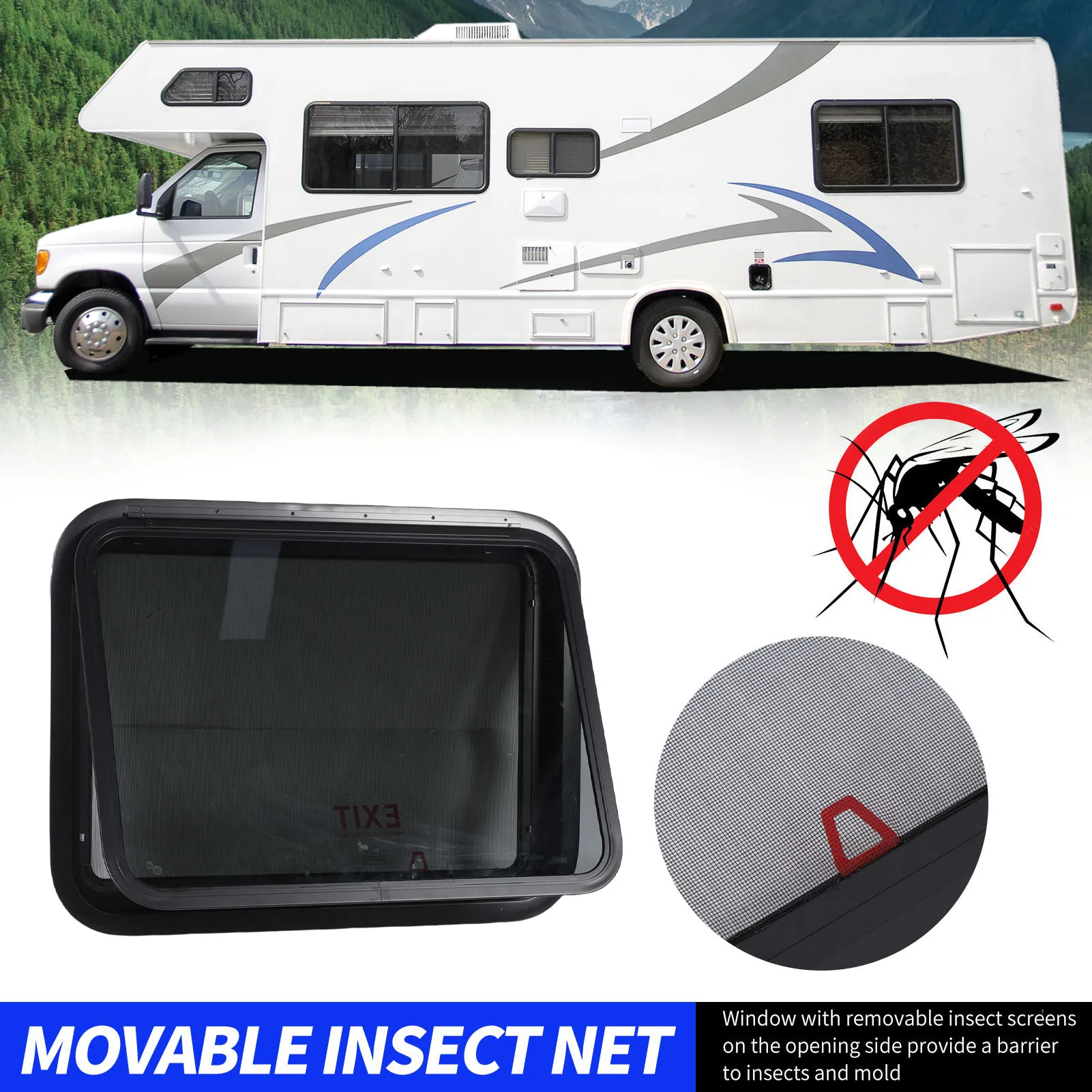 نافذة خروج RV حماية من الشمس للخصوصية 30.48 × 22.36 بوصة نافذة مقطورة مع شاشة شبكية وحلقة تقليم #2
