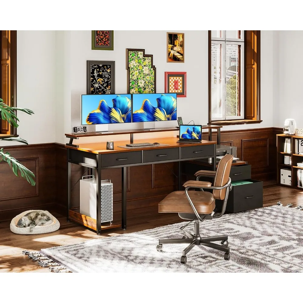 

63 Inch Office Desk with File Drawer, Reversible Computer Desk with 4 Drawers & Power Outlet, LED Strip, Home Office Desk