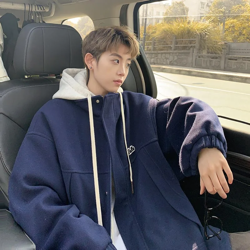 

Thiened Cotton Jaet for Men Winter Warm Hooded Fake Two-Piece Youth Casual Faion Brand Zipper Closure Regular Length