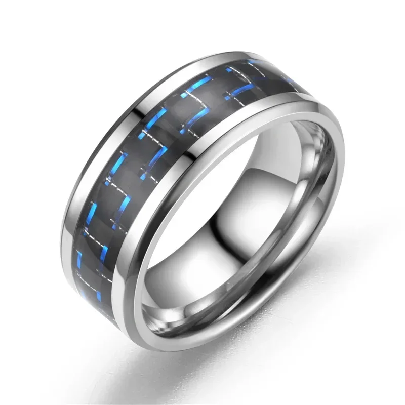 Anillo de acero inoxidable negro de 8mm para hombre, anillos de fibra de carbono azules con incrustaciones, 6 colores, regalo de joyería para boda, venta al por mayor