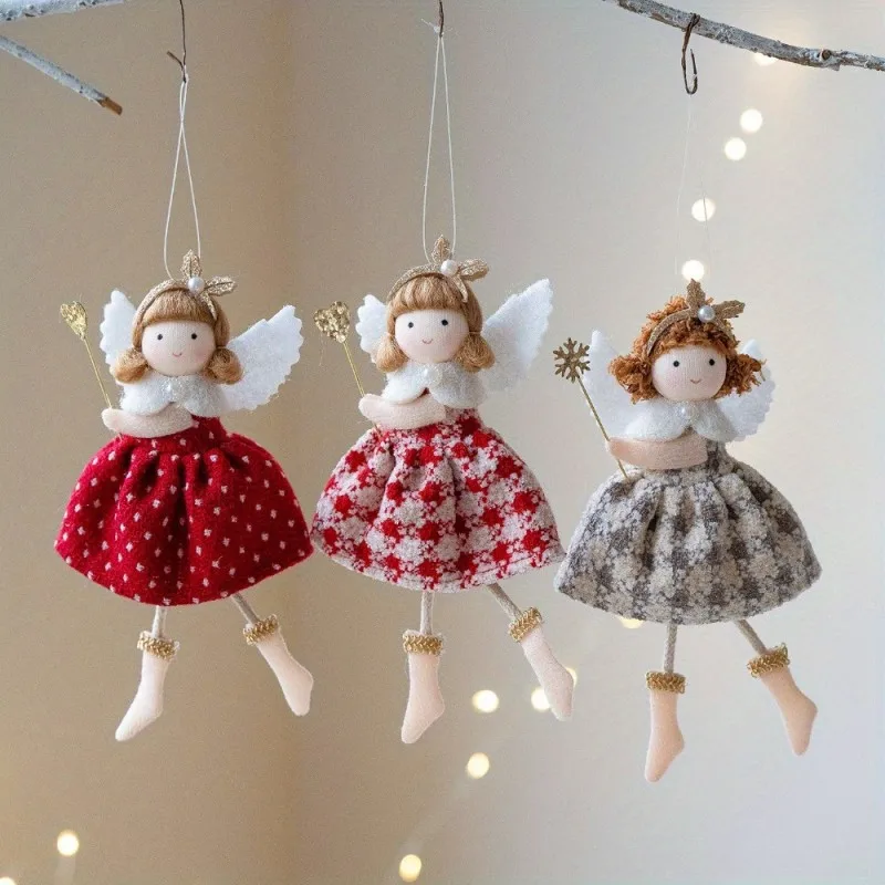 

Christmas Girl Angel Doll Pendant Plush Checkered Skirt Pearl Headpiece Doll Christmas Tree Pendant Navidad