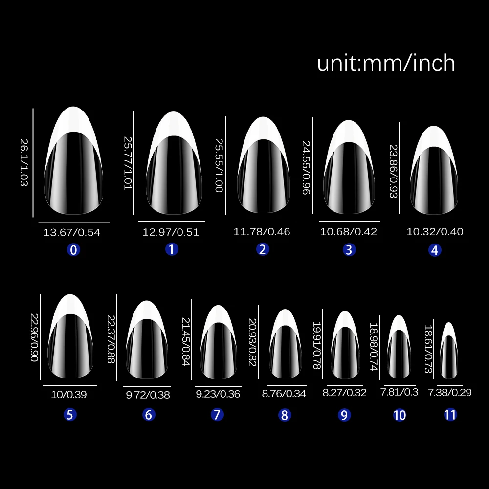 120個入り/箱 アクリル製つけ爪 ホワイト アーモンド型 ネイルチップ フルカバー 取り外し可能 混合サイズ プレスオンネイル