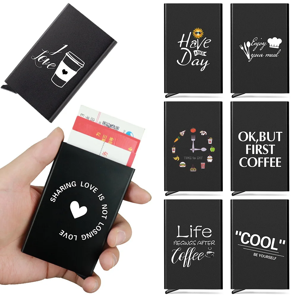 Slim Aluminum Wallet with Elasticity Back Pouch ID Credit Card Holder Mini Wallet Automatic Pop Up Bank Card Case Food Pattern