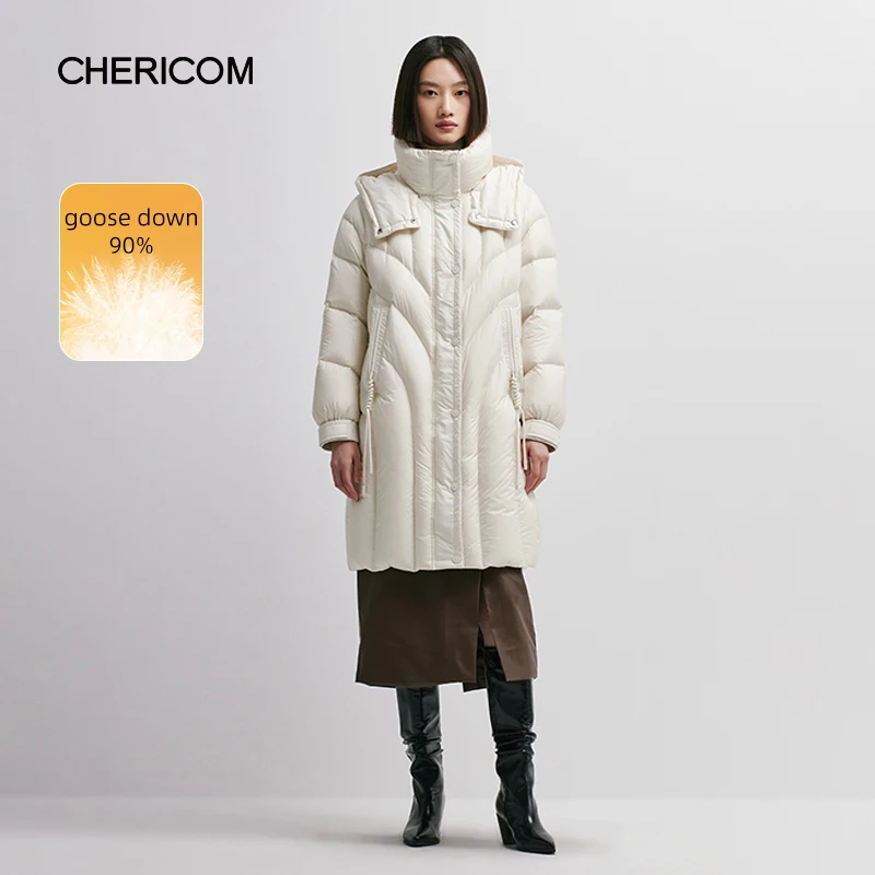 Chericom 미드 롱 여성용 구스 다운 재킷, 두껍고 따뜻한 후드 지퍼 패딩 재킷, 단색 캐주얼 패딩 코트, 겨울 298090 