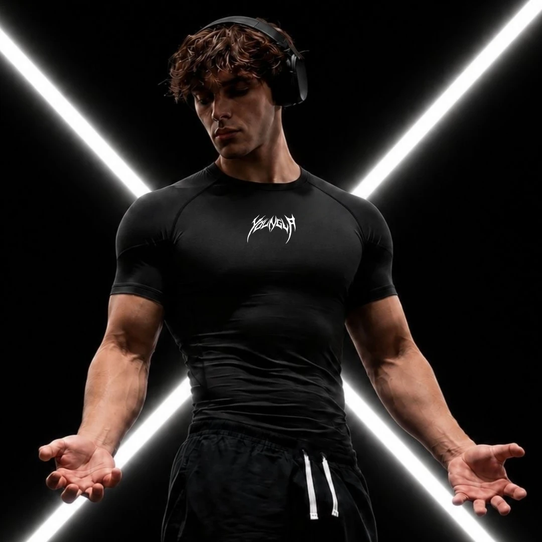 YONGLA Y2K Men's Fitness Tight Top, Silicone Logo, YONGLA Sports and Fitness Training Shirt