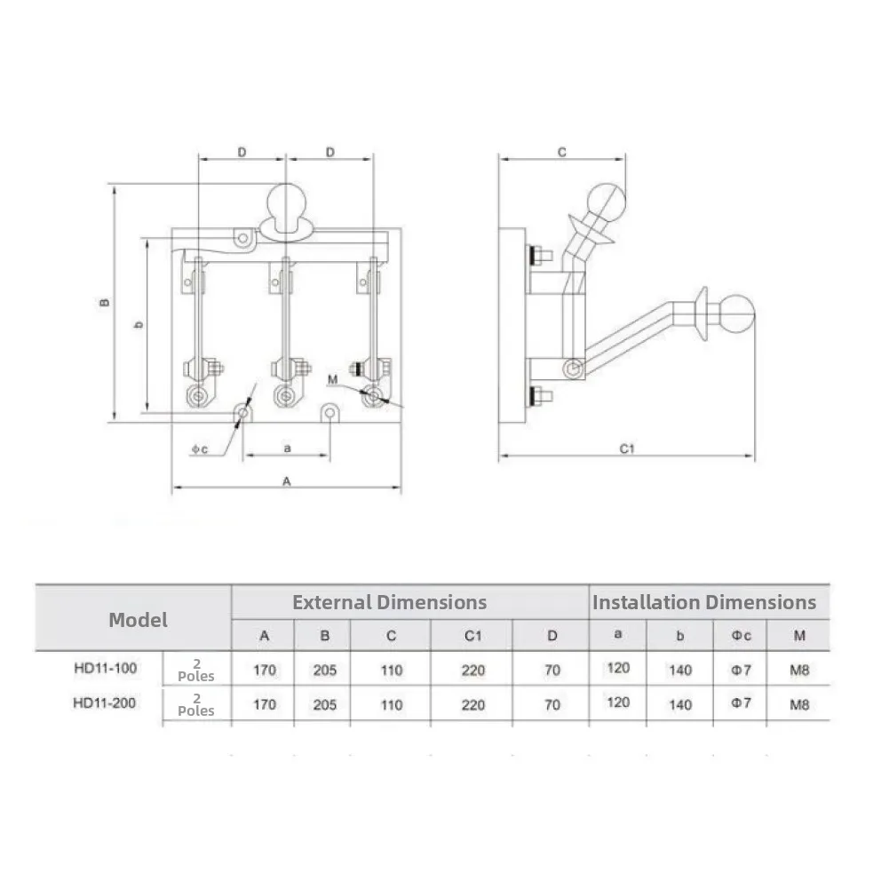 Copper Contact Single-Throw 2P Isolation Switch 220V for Maintenance-Safe For power Disconnection HD11F 100A 200A