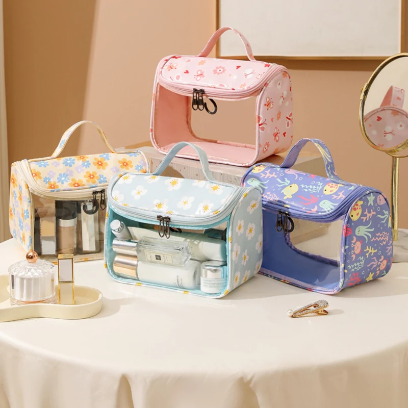 Flower Printed Makeup Bag For Women Transparent PVC Waterproof Portable Travel Cosmetic Pouch Cute Convenient Toiletries Bag