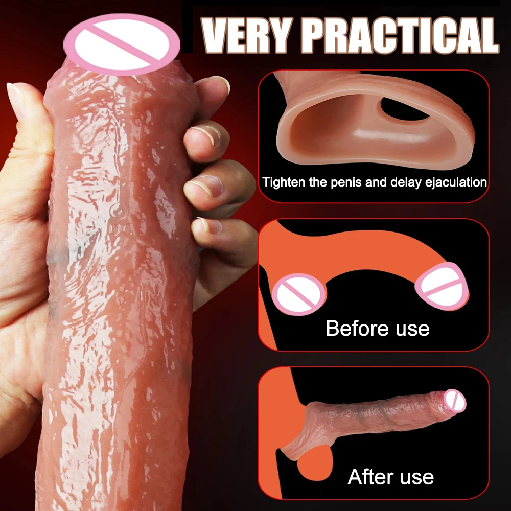 Рукав для пениса, мужская секс-игрушка, увеличитель пениса, удлинитель для мужчин, реалистичное кольцо для пениса с фаллоимитатором, чтобы закрепить сперму, обучение мужским пенису