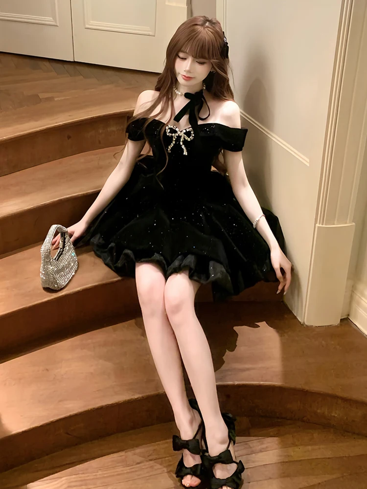 RORIRI بريق الماس القوس منتفخ فستان قصير المرأة خارج الكتف خمر الأسود المخملية سليم فستان الأميرة عيد ميلاد ملابس للحفلات