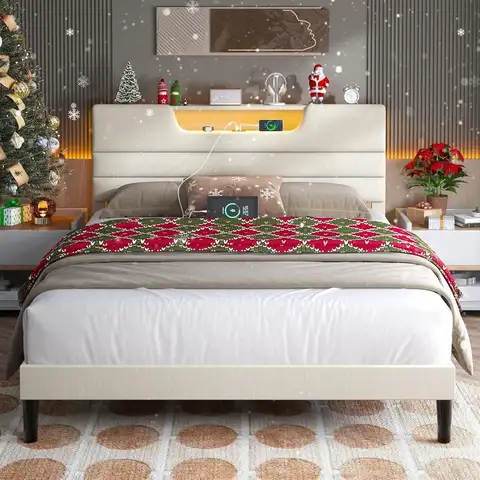Queen Size Upholstered Bed Frame with LED Lights and Charging Dock, Wood, No Box Spring, Easy Assembly, Beige