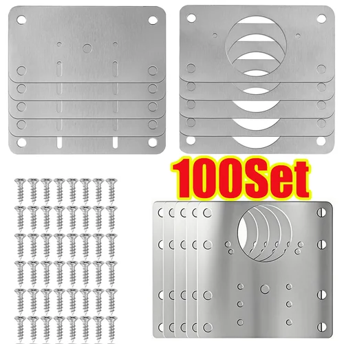 Juego de 2-100 kits de placa de reparación de bisagra de gabinete, placa de montaje de bisagra de puerta de acero inoxidable con agujeros, herramientas de soportes de fijación plana