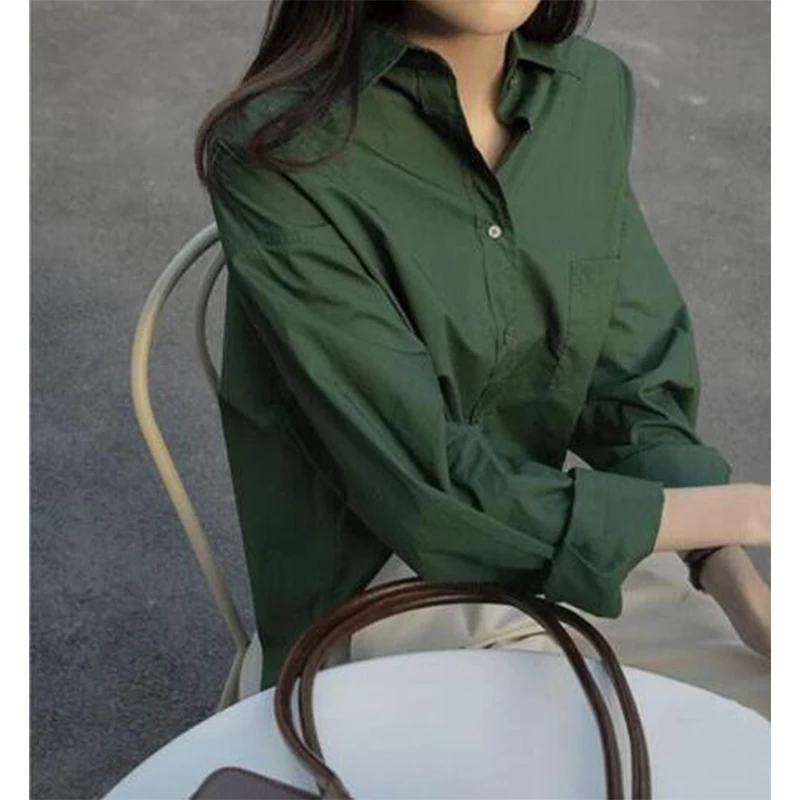 Primavera Verano cuello Polo botones verdes blusa Simple elegante moda Top de manga larga mujeres Vintage sólido todo-fósforo cárdigan camisa