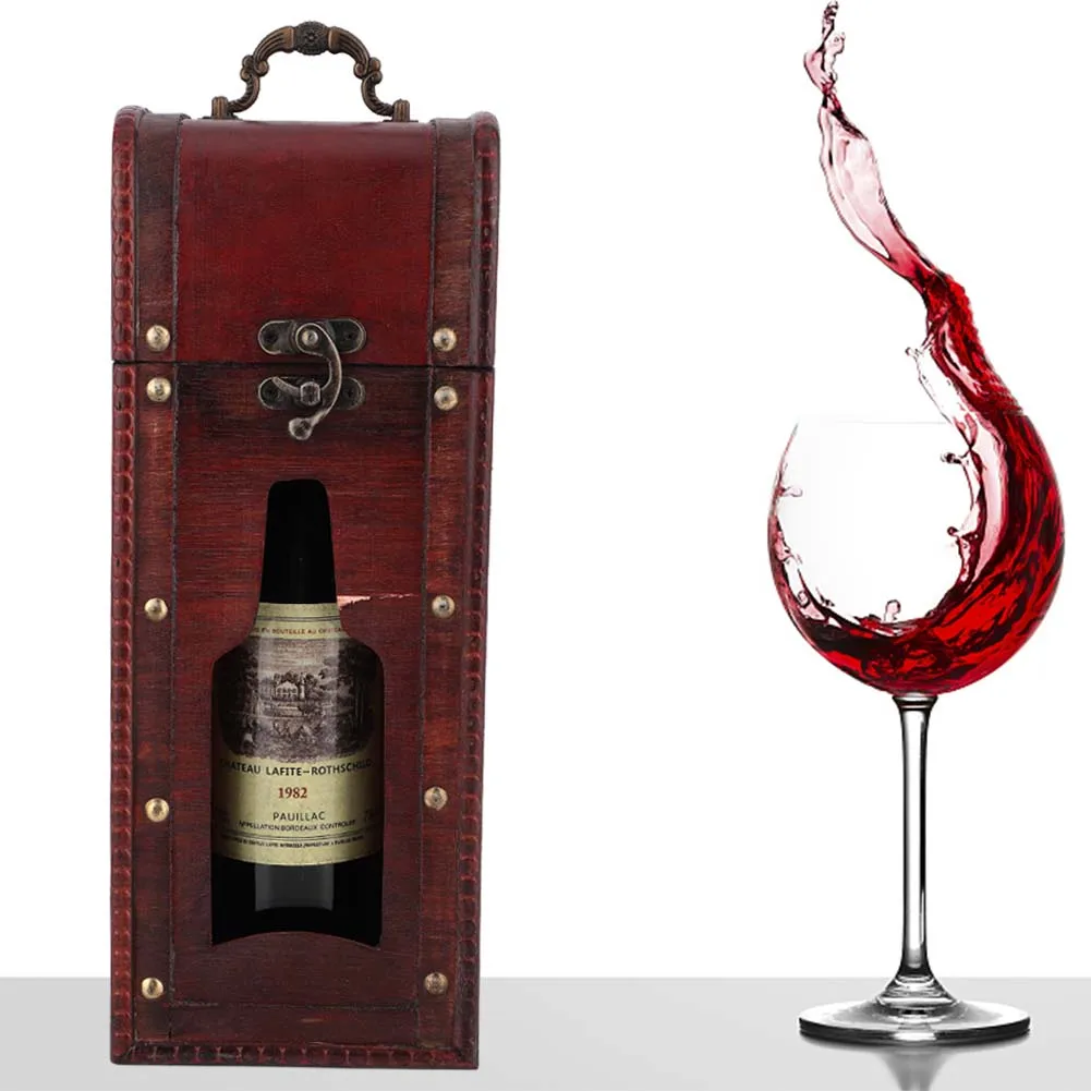 Vintage Single Red Wine Storage Box Portable Wooden Wine Package Gift Boxes W/ Handle