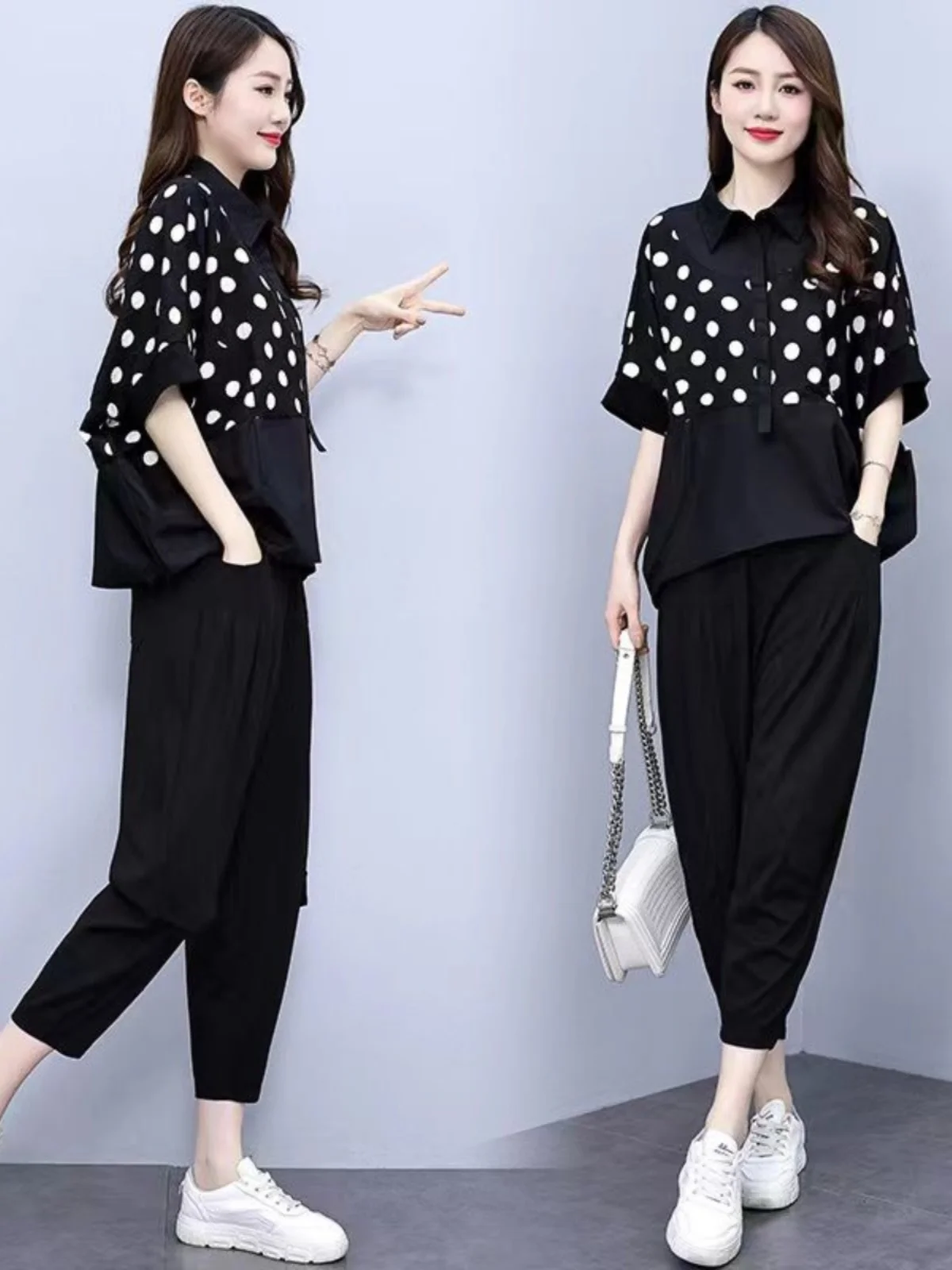 

Модный комплект из двух предметов: брюки-харлан в горошек и топ в корейском стиле, лето 2026, большие размеры, стройнящий, скрывающий недостатки фигуры