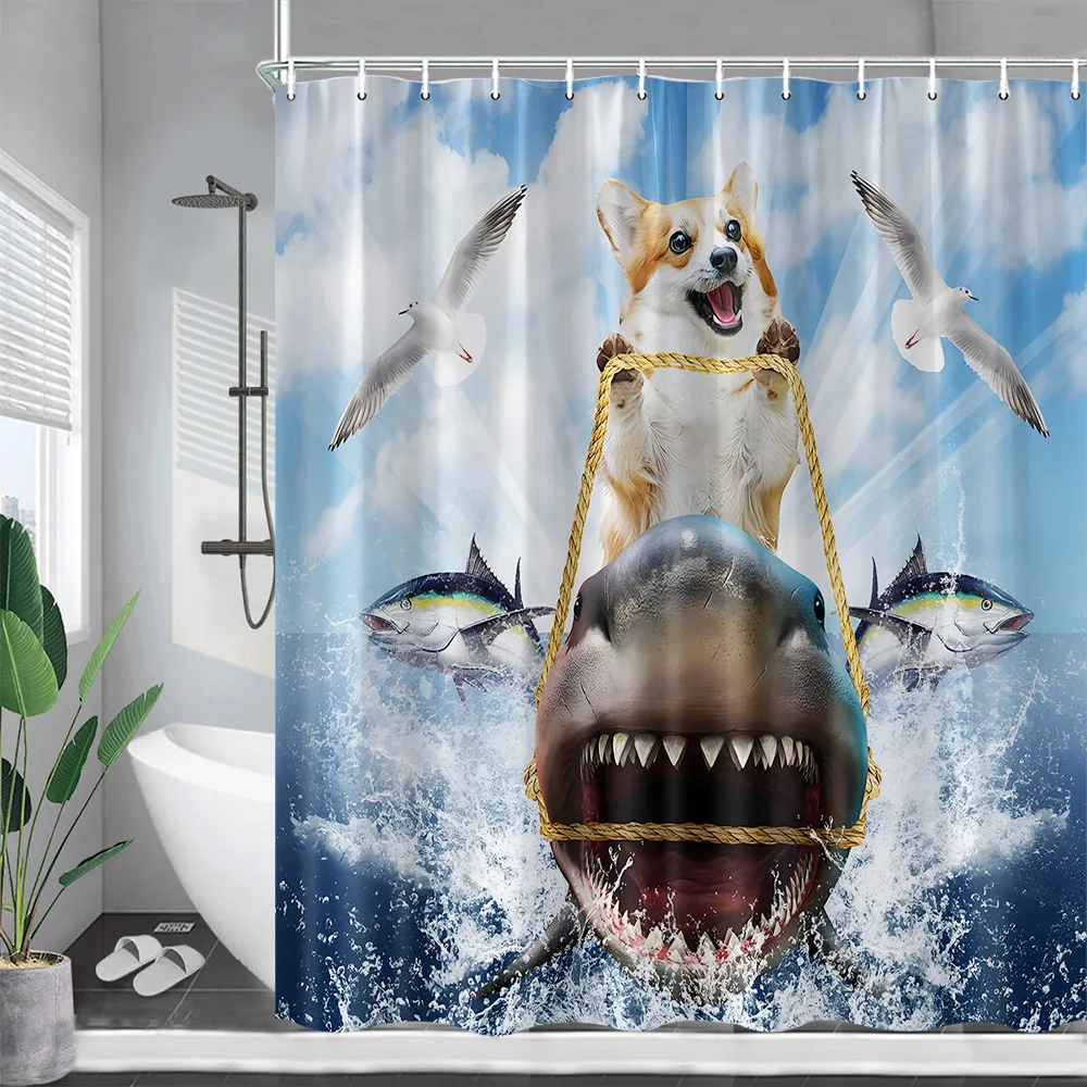 Funny Cat Riding Shark Shower Curtains Sea Waves Cute Animals Creative Children Bath Curtain Polyester Bathroom Decor with Hooks