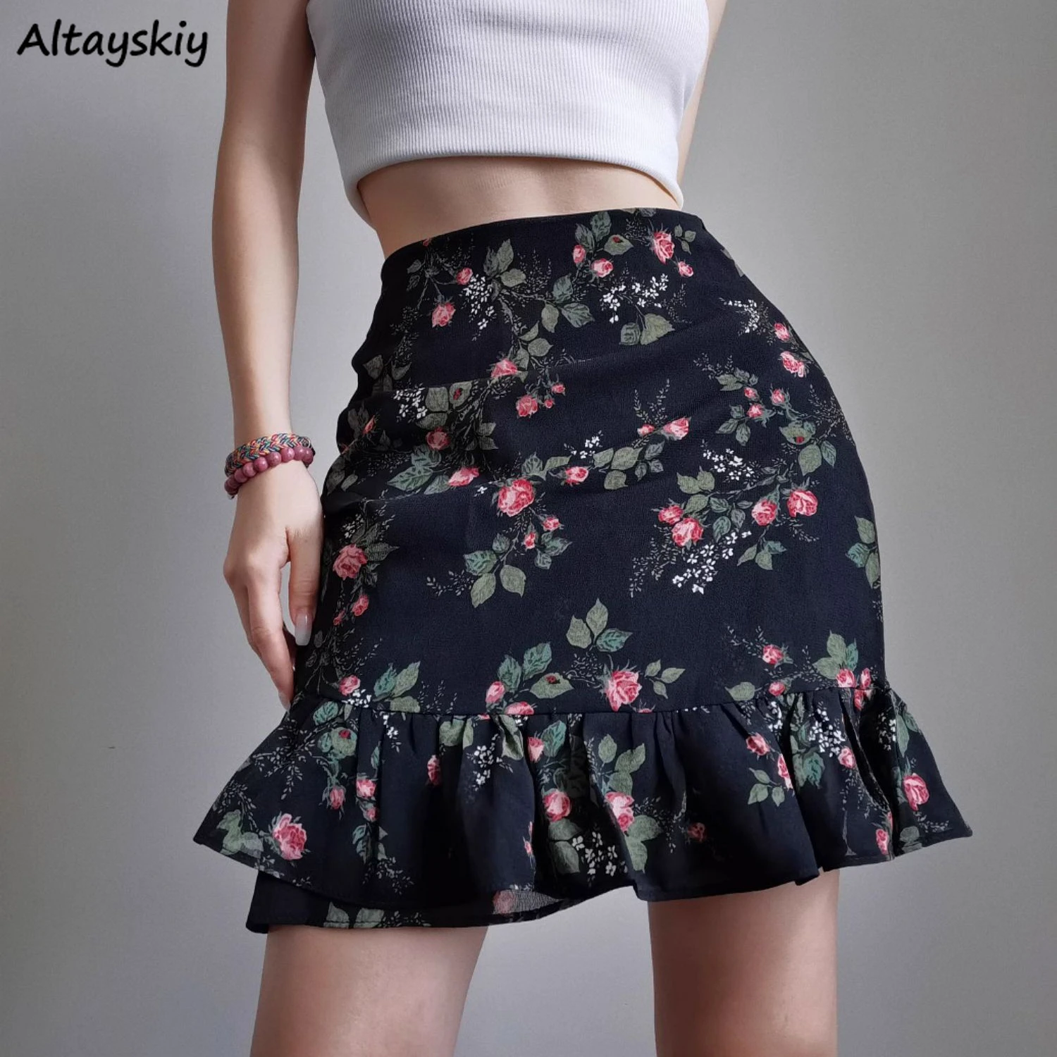 

Mini Skirts Women Floral Printed Tender All-match Elegant Ruffles Spring Summer High Waist Faldas Vintage Temperament Stylish