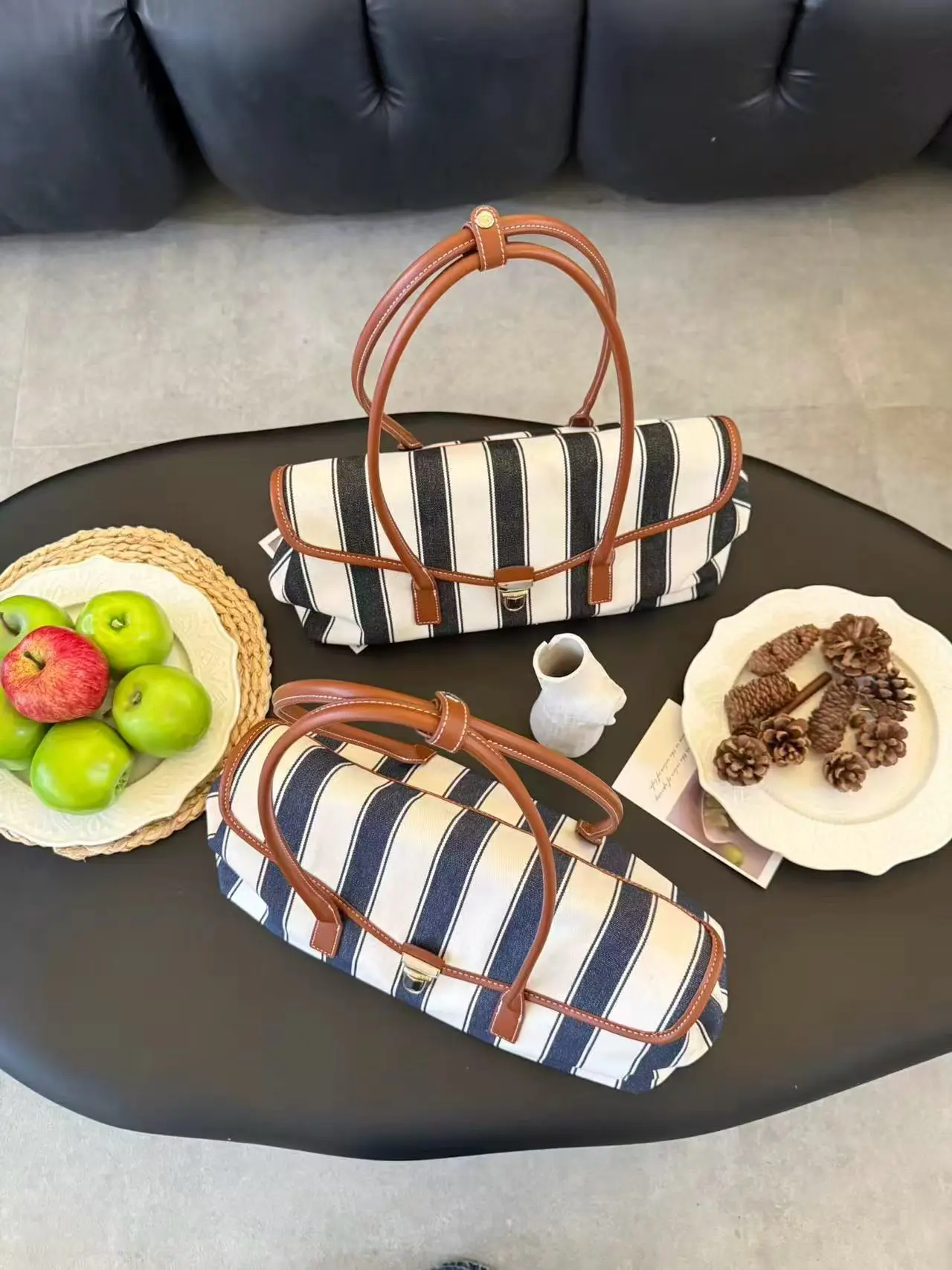 2026 New Stripe Canvas Tote Bag Long Handle Color Block Women's Single Shoulder Bag Fashion Versatile Commuting High-End Retro
