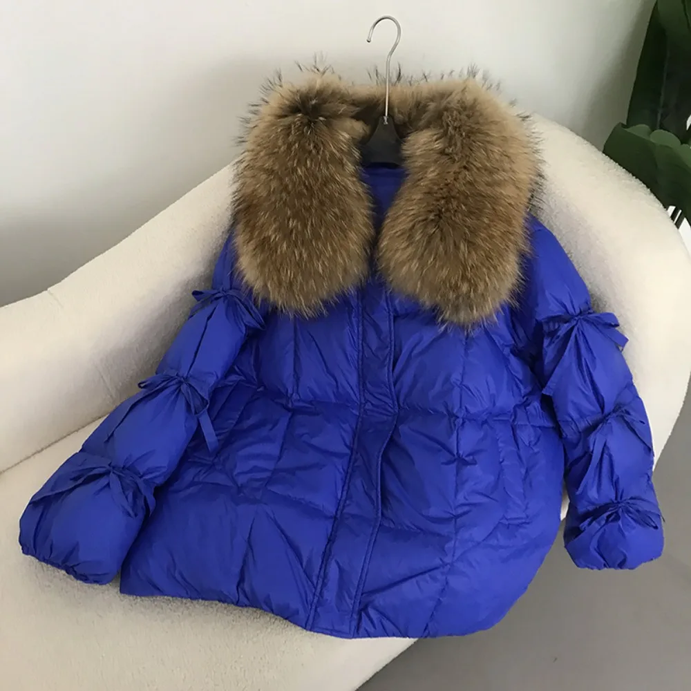 Down Jacket Women Natural Fur Coat Large Real Raccoon Fur Collar 2024 Winter Down Coat Bow Tie Sleeve Fashion Luxury Puffer Coat