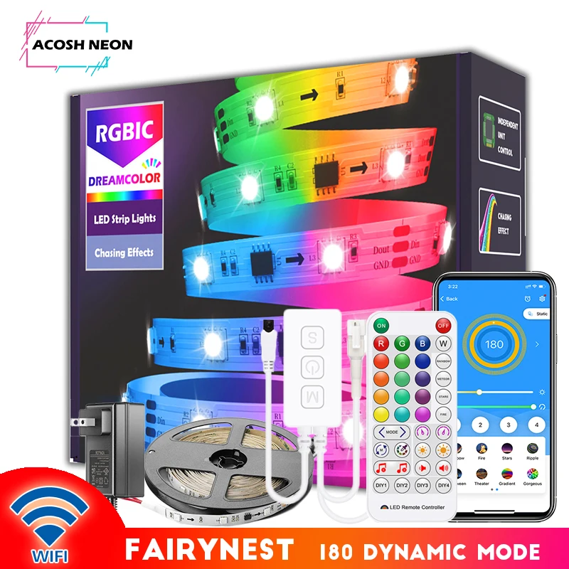 WIFI RGBIC WS2811 Dreamcolor Light Strip Kit Work With Alexa Google Home 12V 5M 10M 60leds/m Flexible Light Tape 38Key IR Remote