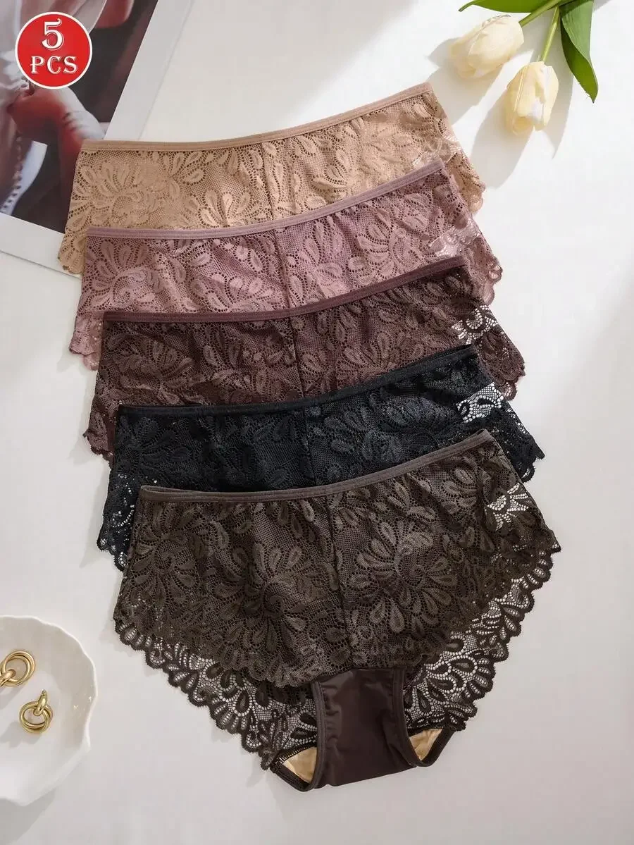 

5 Pcs Womens Lace Hollow Out Mid Waist Briefs