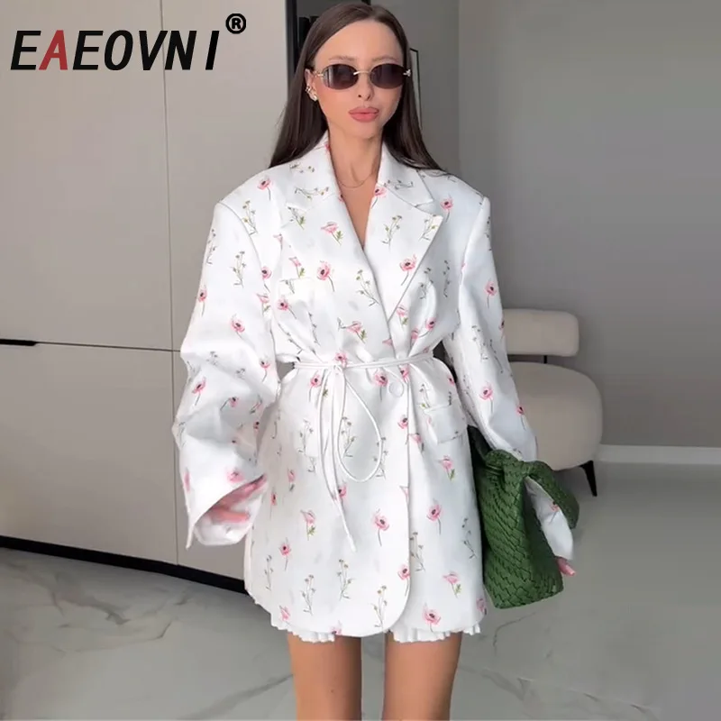 

EAEOVNI модный пиджак с цветочным принтом, женский пиджак на шнуровке со сборкой на талии, уличная куртка, элегантная новинка 2025, одежда