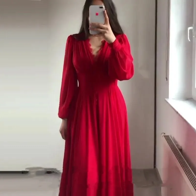 Flora Dress Elegant Red Chiffon A Line Evening Dress V-Neck Long Puff Sleeves Custom Made Arabic Formal Prom Party Gown 2023