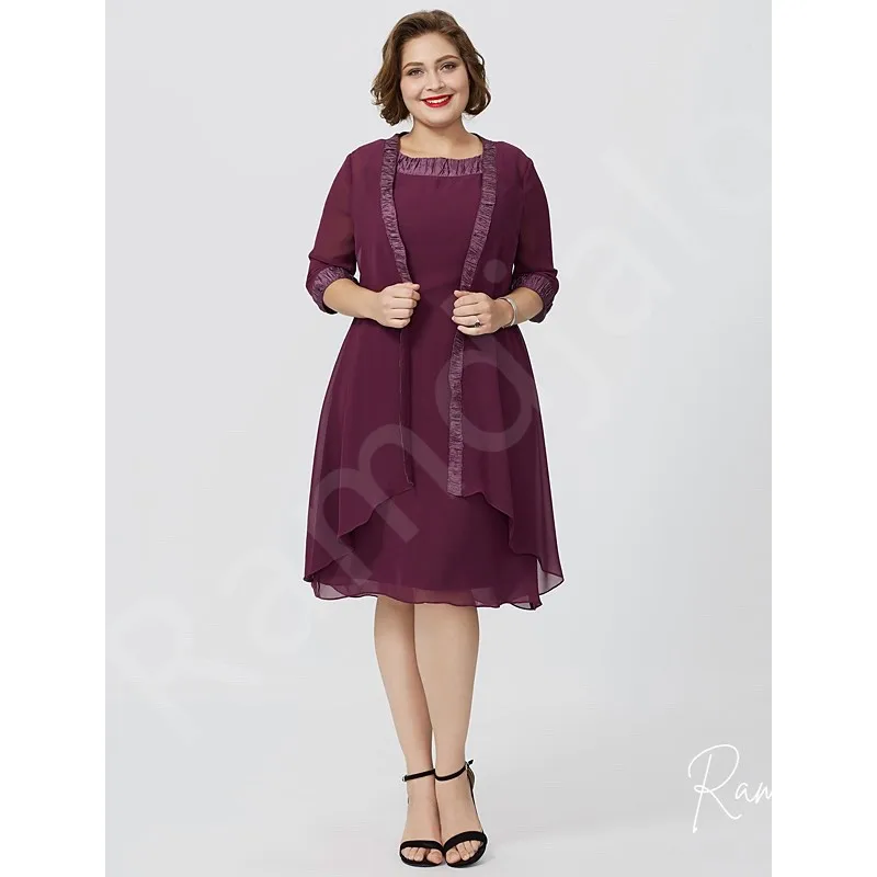 Aangepaste grote maat moeder van de bruid jurk plum chiffon knie lengte met 3/4 mouwen en bijpassende jas bruiloftsgastjurken