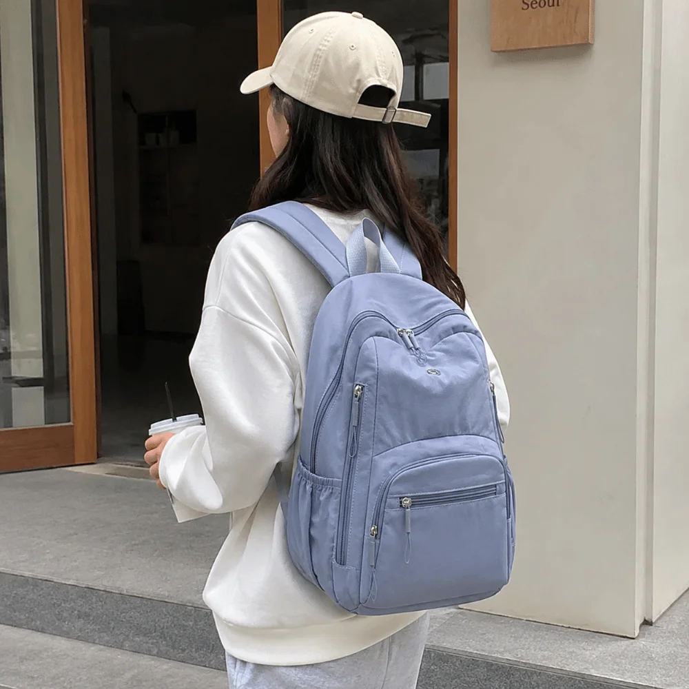 Casual Large Capacity Nylon School Bag Lightweight Waterproof Travel Backpack Durable Solid Color Laptop Daypack Hiking