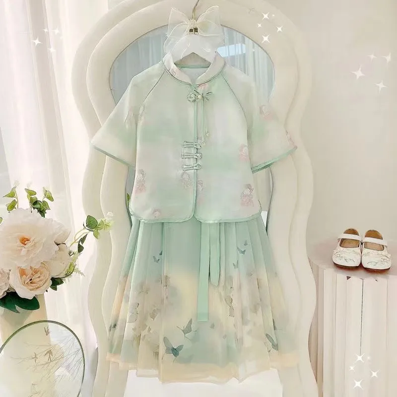 Conjunto hanfu de verão para meninas 2025 novo estilo tang chinês verão infantil estilo antigo top e saia conjunto de duas peças
