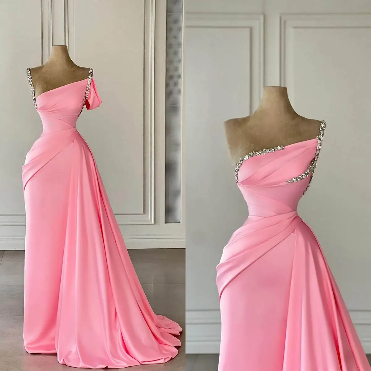 

Gorgeous A Line Evening Dress Shining Rhinestones Crystal Strapless Ruffled Sweep Train Satin Prom Gowns Robe De Soiree