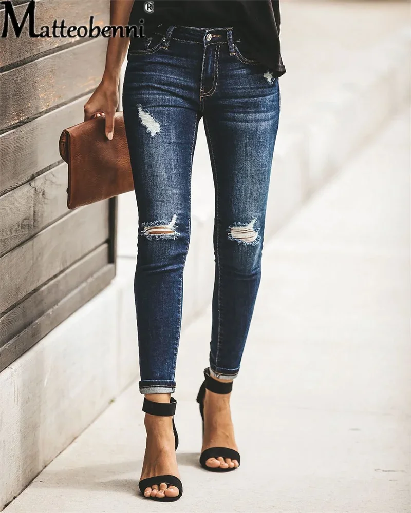 جينز مثير بقصة ضيقة عالي الخصر للنساء ، ملابس شارع نسائية ، ملابس غير رسمية عتيقة ، بنطال جينز ضيق ، بنطلون نحيف ممزق أجوف #4