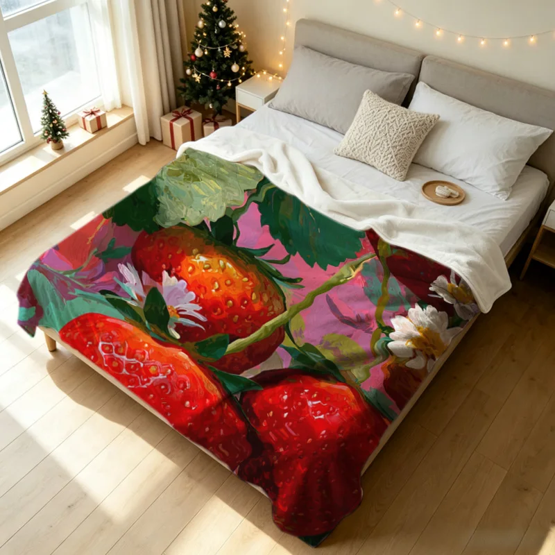 Thick oil painting fruit bright red strawberry with daisies flannel throw blanket, 2D single-sided printed decorative blanket